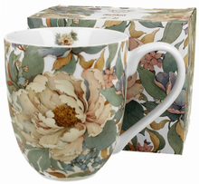 Komplet porcelanowy Peony White – kubek 1000 ml i ozdobne pudełko z kwiatowym motywem.