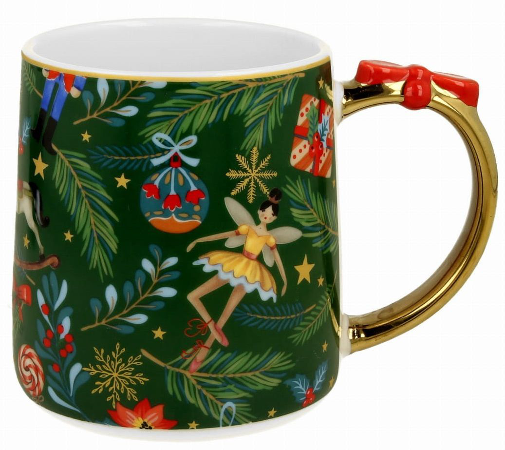 Kubek Christmas Spirit z porcelany ze złotą rączką i kokardką, wzór świąteczny.