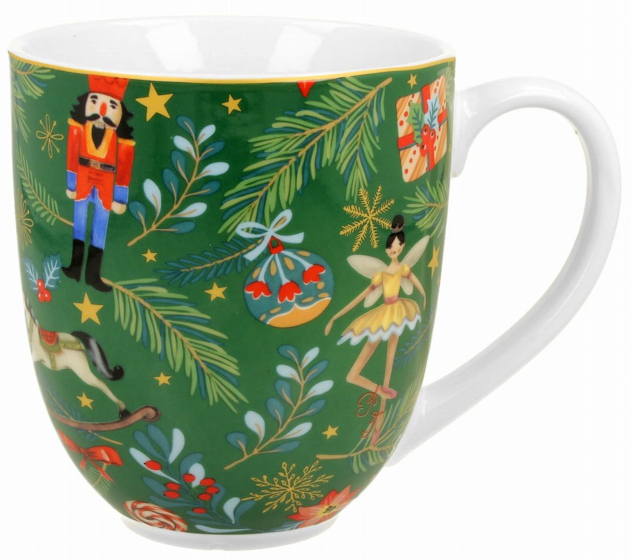 Kubek porcelanowy 1000 ml Christmas Spirit z ilustracją żołnierzyka, wróżki i dekoracji choinkowych – widok z przodu.