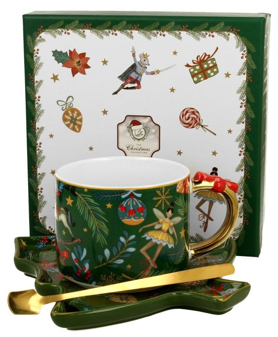 Porcelanowa filiżanka z choinkowym spodkiem i złotą łyżką Christmas Spirit