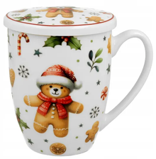 Kubek porcelanowy Christmas Cuties 360 ml z pokrywką i bożonarodzeniowym motywem, idealny na prezent.