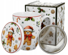 Kubek z zaparzaczem Christmas Cuties 360 ml, porcelana New Bone China, świąteczny wzór z misiem i pierniczkami.