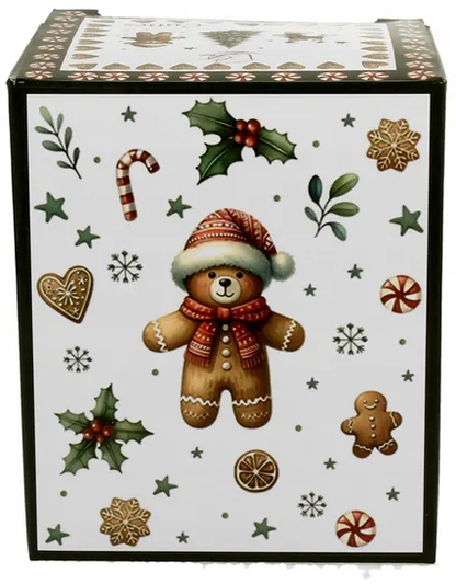 Ozdobne pudełko prezentowe do kubka Christmas Cuties 360 ml z motywem misia i świątecznych ozdób.