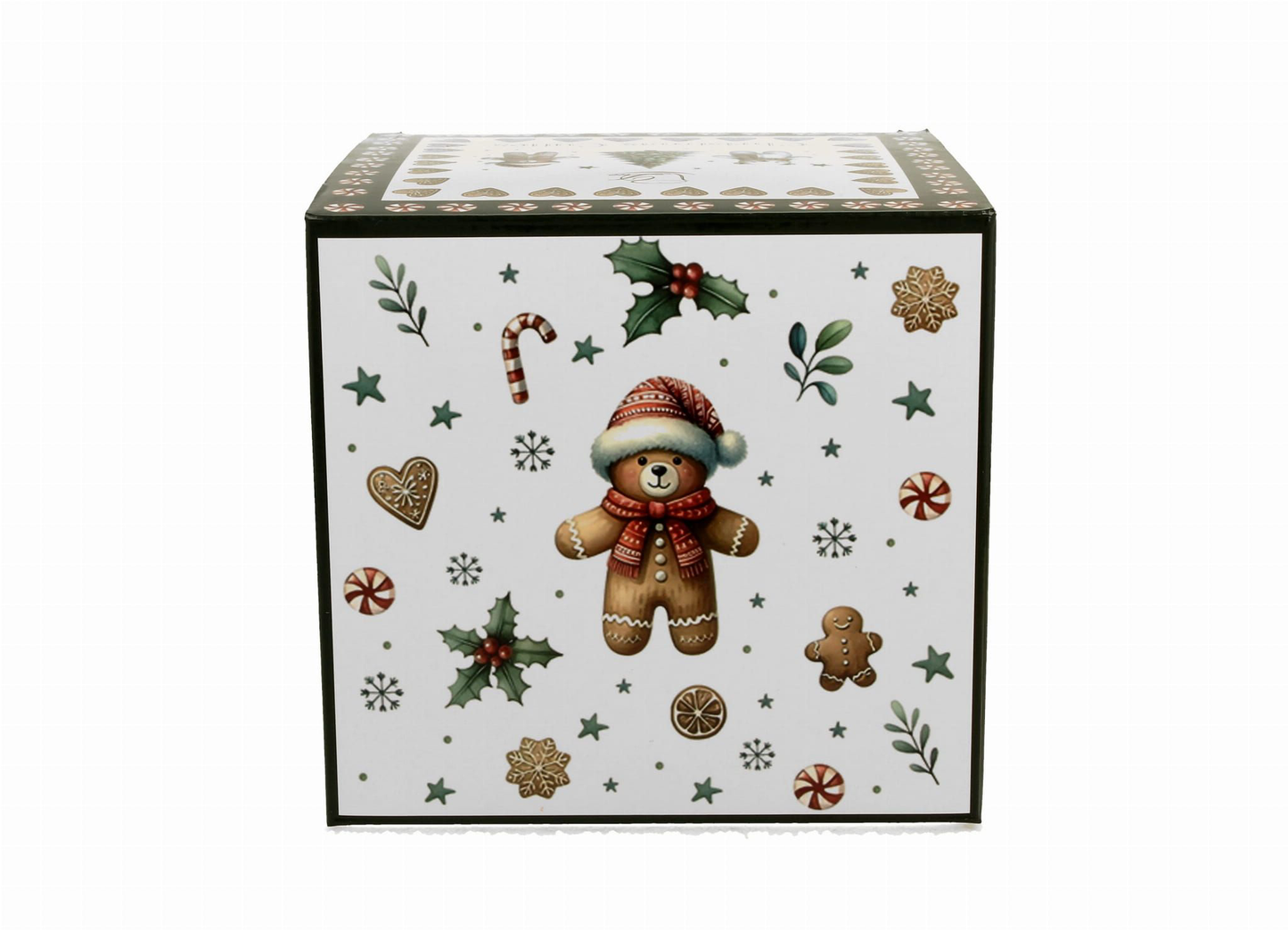 Opakowanie zestawu porcelanowego Christmas Cuties ozdobione motywem piernikowego misia i świątecznych ciasteczek.