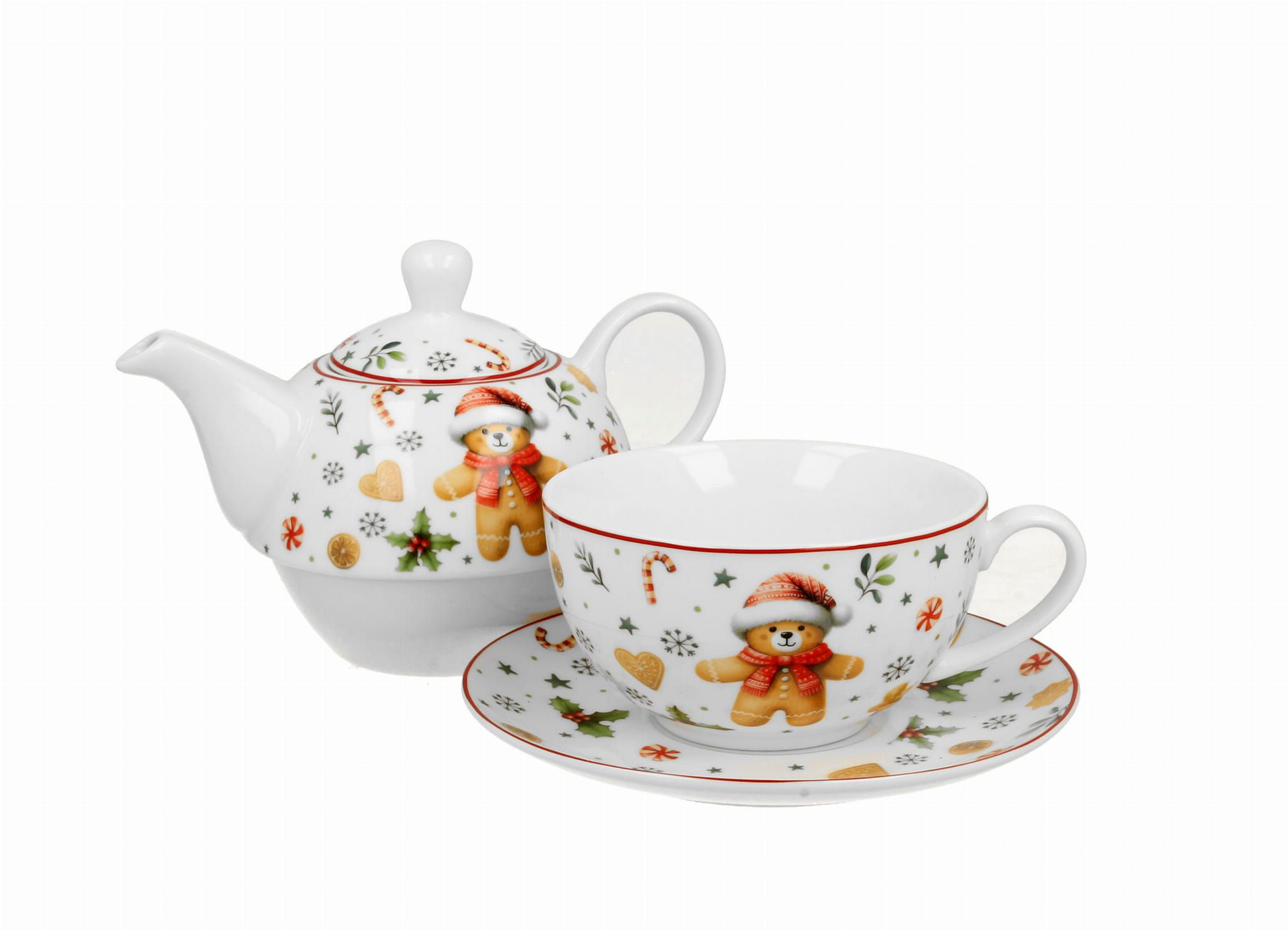 Porcelanowy zestaw Christmas Cuties z filiżanką i dzbankiem ozdobionym motywem piernikowych misiów.