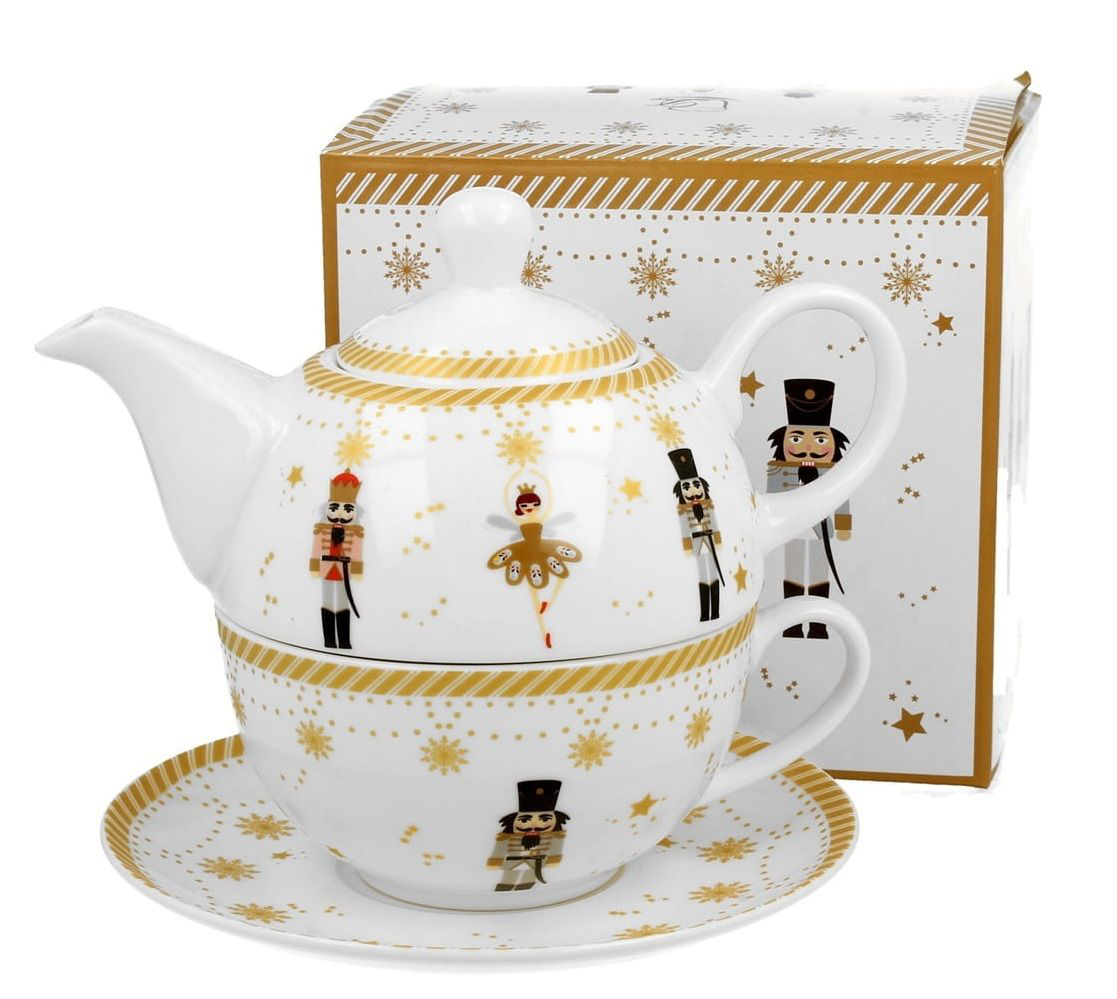 Komplet Christmas Balerina z porcelany – filiżanka, dzbanek, spodek i pudełko.