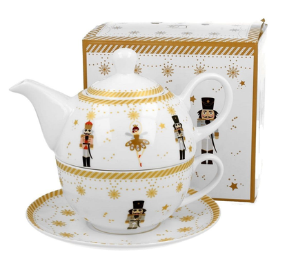 Komplet Christmas Balerina z porcelany – filiżanka, dzbanek, spodek i pudełko.