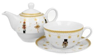 Zestaw porcelanowy Christmas Balerina – dzbanek i filiżanka ze spodkiem, biało-złota dekoracja.