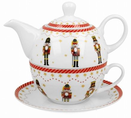 Zestaw porcelanowy Christmas Nutcracker – filiżanka, dzbanek i spodek ze świątecznym motywem.