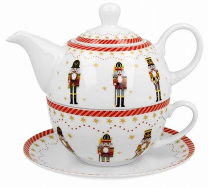 Zestaw porcelanowy Christmas Nutcracker – filiżanka, dzbanek i spodek ze świątecznym motywem.