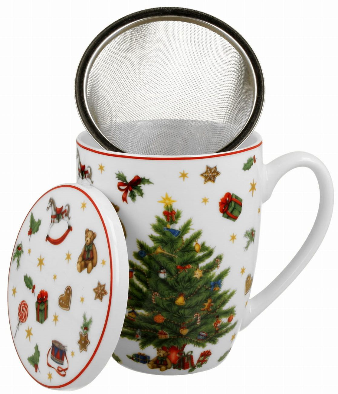Kubek Christmas Tree 360 ml z metalowym zaparzaczem i porcelanową pokrywką, świąteczny wzór.