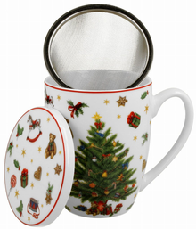 Kubek Christmas Tree 360 ml z metalowym zaparzaczem i porcelanową pokrywką, świąteczny wzór.