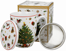 Kubek z zaparzaczem Christmas Tree 360 ml, porcelana New Bone China, z motywem choinki i ozdób świątecznych.