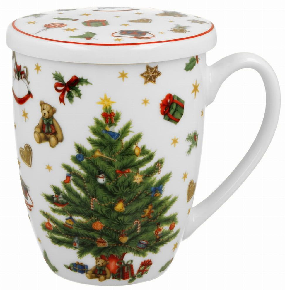 Kubek porcelanowy Christmas Tree 360 ml z pokrywką, idealny na herbatę liściastą.