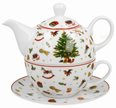 Porcelanowy zestaw Christmas Tree z dzbankiem i filiżanką zdobioną choinką i świątecznymi detalami.