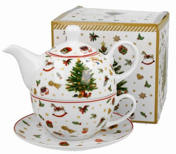 Zestaw porcelanowy Christmas Tree – filiżanka, dzbanek i spodek z motywem choinki.