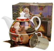 Komplet Santa Letter – dzbanek, filiżanka, spodek i zaparzacz w świątecznym pudełku.