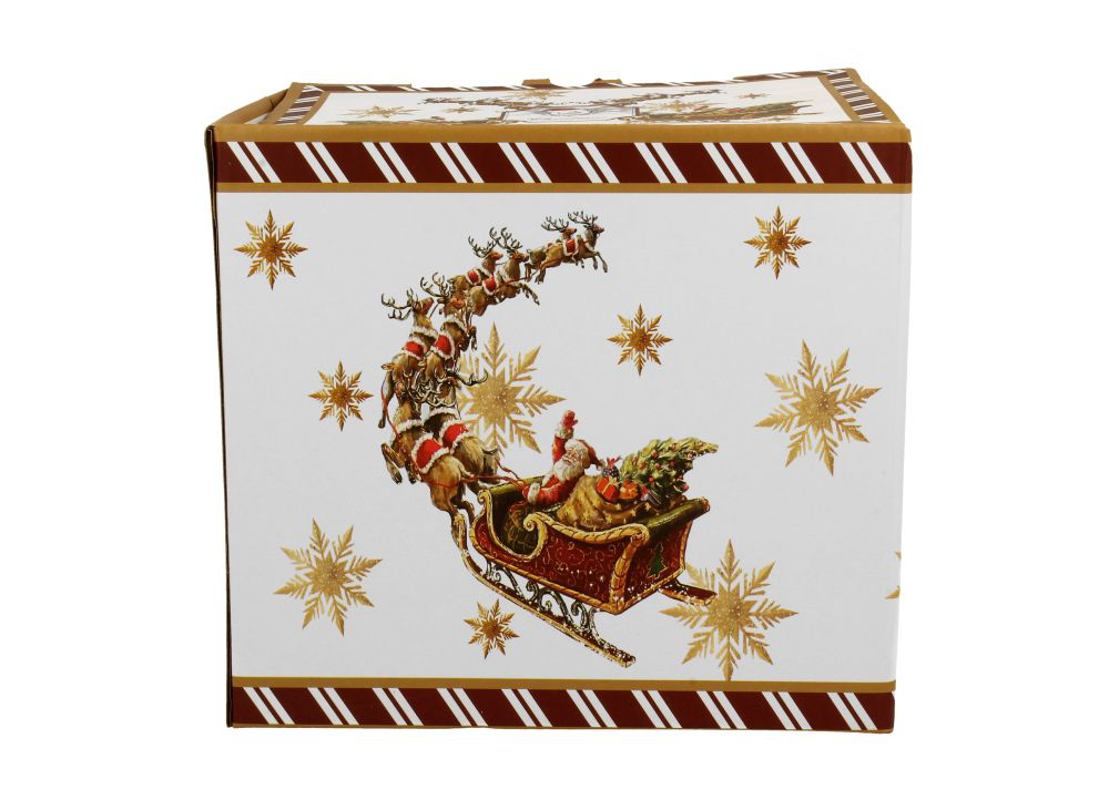 Opakowanie porcelanowego zestawu Santa on Sleigh z motywem Mikołaja w saniach i reniferami.