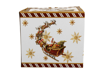 Opakowanie porcelanowego zestawu Santa on Sleigh z motywem Mikołaja w saniach i reniferami.