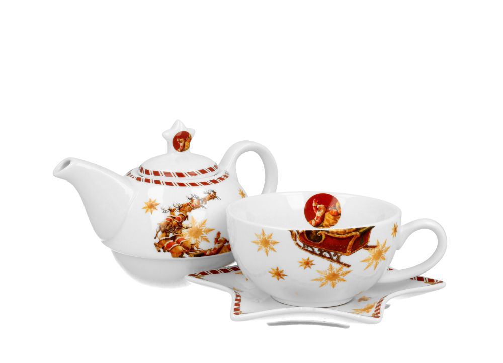 Zestaw porcelanowy Santa on Sleigh – filiżanka, dzbanek i spodek ozdobione świątecznym wzorem.