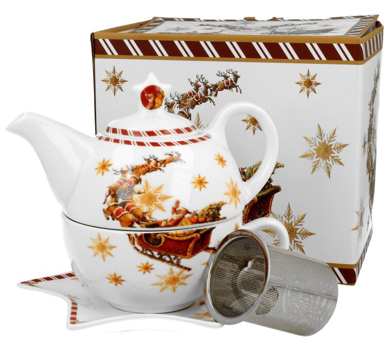 Komplet Santa on Sleigh – filiżanka, dzbanek, spodek i zaparzacz w świątecznym pudełku.