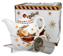 Komplet Santa on Sleigh – filiżanka, dzbanek, spodek i zaparzacz w świątecznym pudełku.