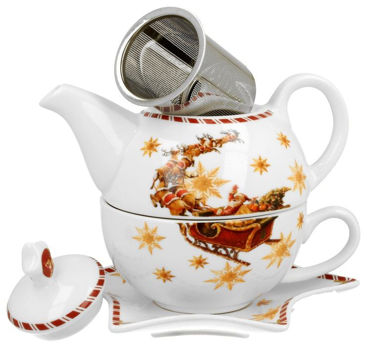 Porcelanowy zestaw Santa on Sleigh – dzbanek z zaparzaczem, filiżanka i spodek.