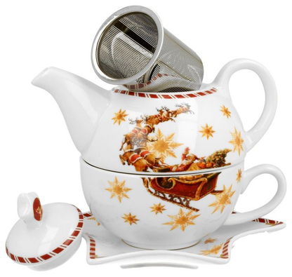 Porcelanowy zestaw Santa on Sleigh – dzbanek z zaparzaczem, filiżanka i spodek.