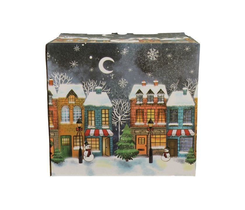 Opakowanie porcelanowego zestawu Christmas City ozdobione motywem zimowego miasteczka nocą.