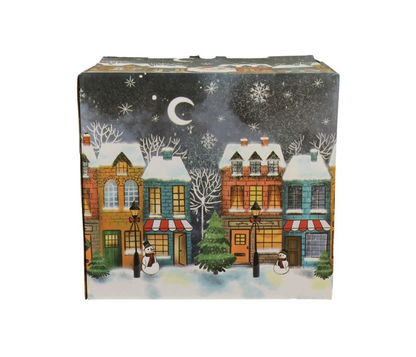 Opakowanie porcelanowego zestawu Christmas City ozdobione motywem zimowego miasteczka nocą.