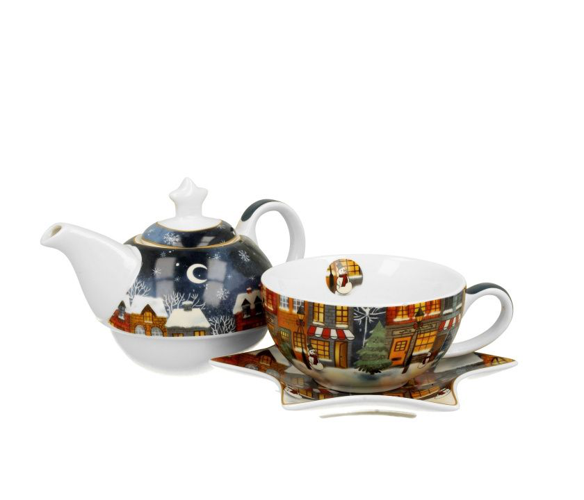 Zestaw porcelanowy Christmas City – filiżanka, dzbanek i spodek z zimowym wzorem.