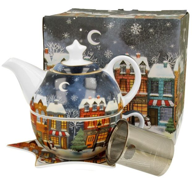 Komplet Christmas City – dzbanek, filiżanka, spodek i zaparzacz w świątecznym opakowaniu.