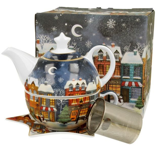 Komplet Christmas City – dzbanek, filiżanka, spodek i zaparzacz w świątecznym opakowaniu.