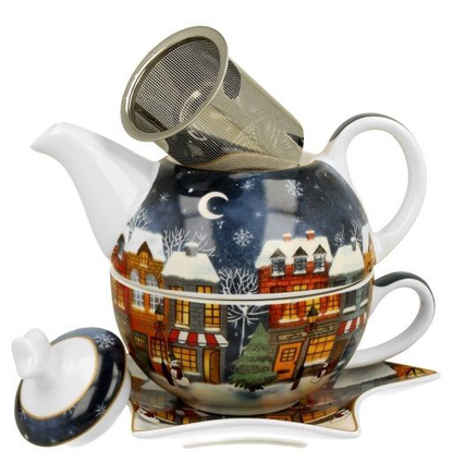 Porcelanowy zestaw Christmas City z zaparzaczem, filiżanką i dzbankiem.