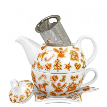 Porcelanowa filiżanka z dzbankiem i zaparzaczem w świąteczne wzory pierniczków