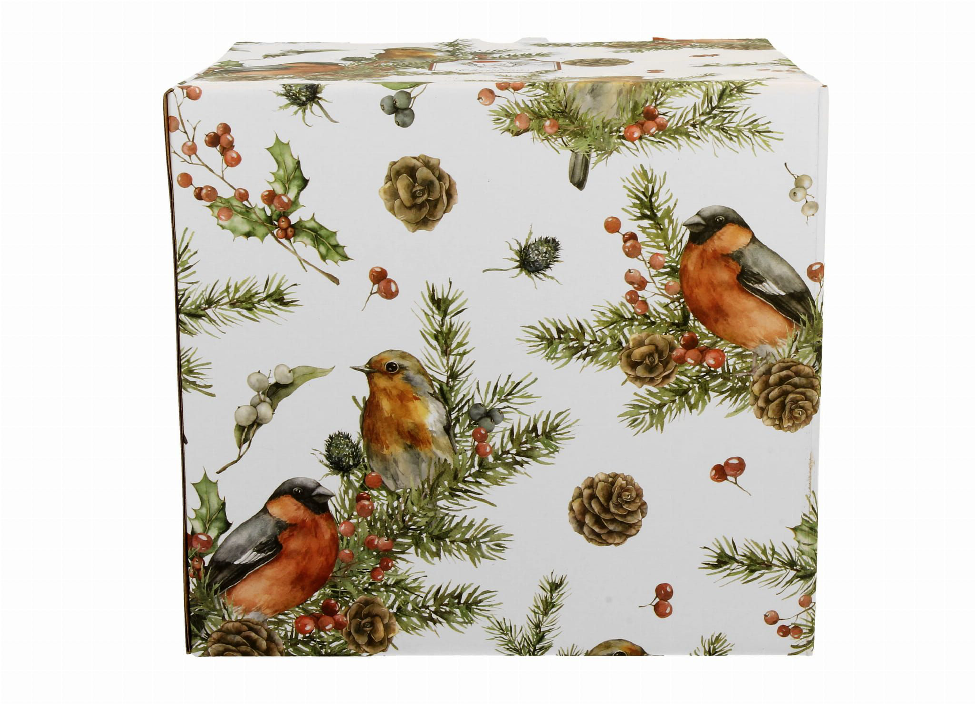 Opakowanie zestawu porcelanowego Christmas Birds ozdobione świątecznym motywem ptaków, szyszek i gałązek.