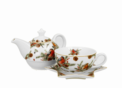 Zestaw porcelanowy Christmas Birds – dzbanek, filiżanka i spodek z zimowym wzorem ptaków.
