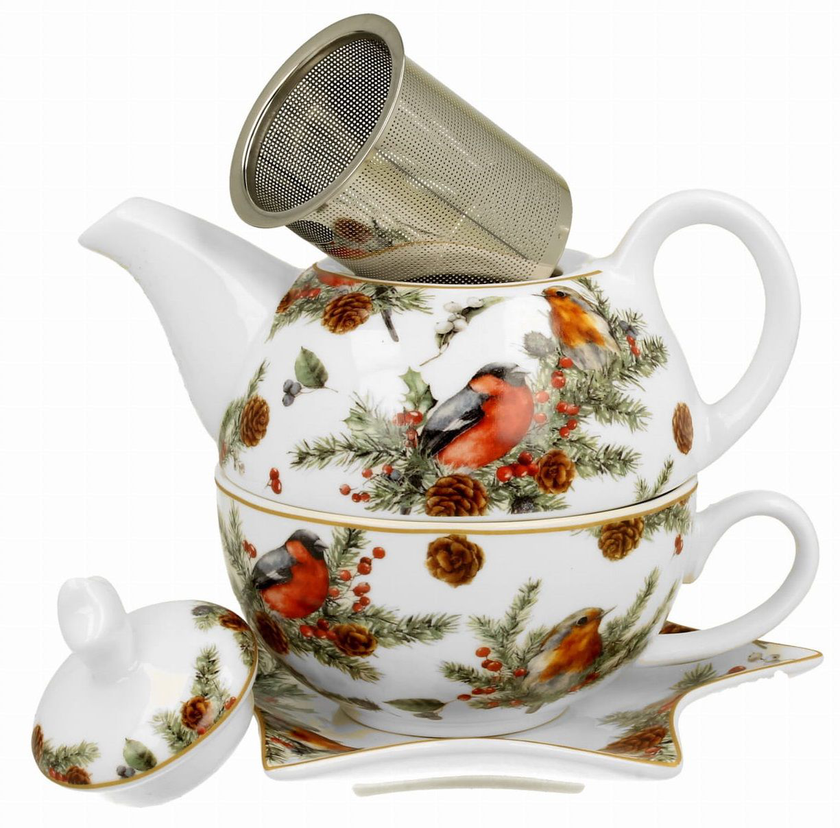 Porcelanowy zestaw Christmas Birds z zaparzaczem, filiżanką i dzbankiem.