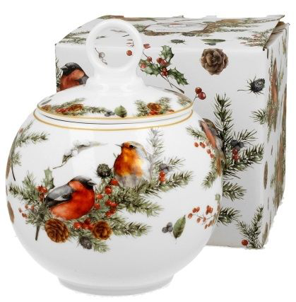 Porcelanowy pojemnik na ciastka 700 ml Christmas Birds z pokrywką.