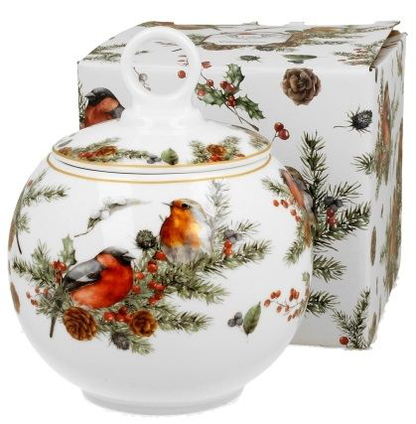 Porcelanowy pojemnik na ciastka 700 ml Christmas Birds z pokrywką.