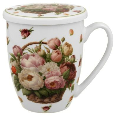 Kubek z zaparzaczem 360 ml zdobiony piwoniami w koszu – porcelana wysokiej jakości.