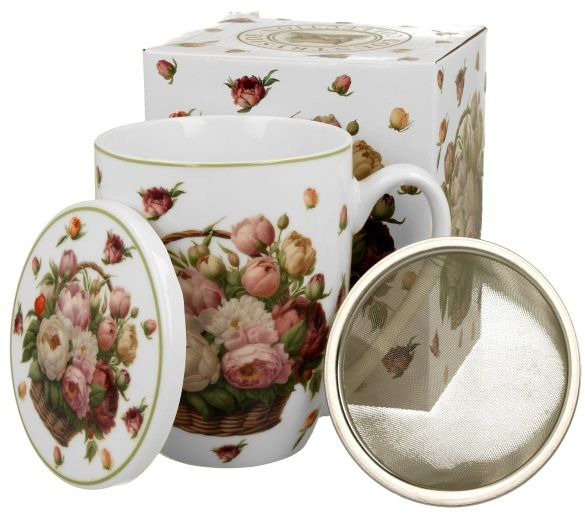 Zestaw kubek porcelanowy Kosz Kwiatów Piwonie 360 ml z zaparzaczem i opakowaniem prezentowym.