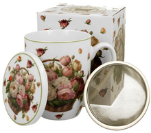 Zestaw kubek porcelanowy Kosz Kwiatów Piwonie 360 ml z zaparzaczem i opakowaniem prezentowym.