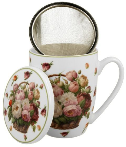 Kubek porcelanowy Kosz Kwiatów Piwonie 360 ml z zaparzaczem i przykrywką, elegancki wzór kwiatowy.