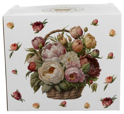Ozdobne pudełko prezentowe z motywem kosza kwiatów i piwonii do kubka porcelanowego XXL.