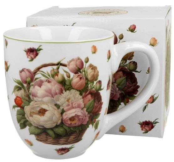 Komplet prezentowy – kubek porcelanowy 1000 ml z motywem piwonii i dopasowanym pudełkiem.