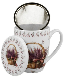 Kubek z zaparzaczem Kosz Kwiatów Lawenda 360 ml, porcelana New Bone China, dekorowany lawendą.