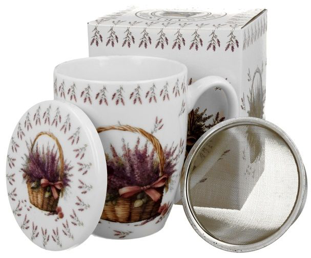 Kubek Lawenda 360 ml z metalowym zaparzaczem i porcelanową pokrywką, elegancki wzór.