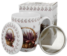 Kubek Lawenda 360 ml z metalowym zaparzaczem i porcelanową pokrywką, elegancki wzór.