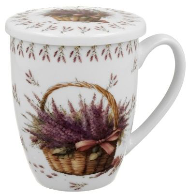 Kubek porcelanowy Lawenda 360 ml z pokrywką, idealny na herbatę liściastą i prezent.